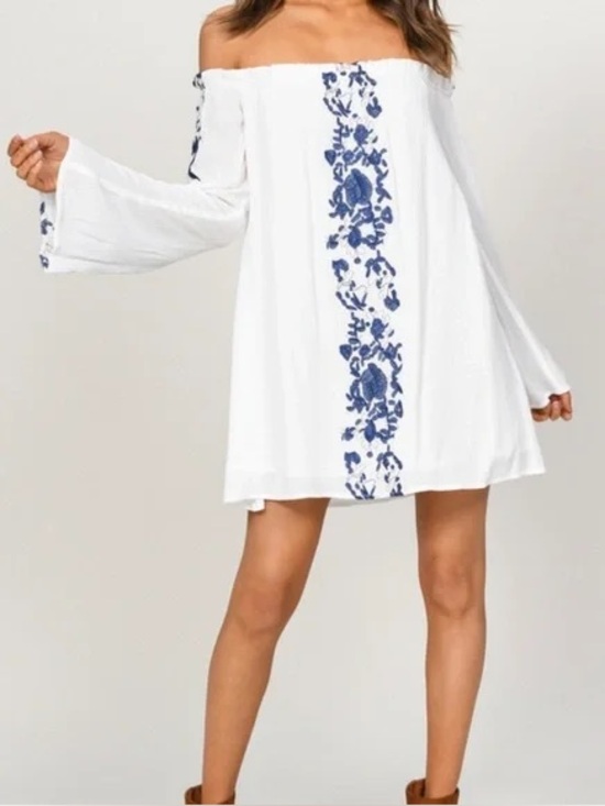 Tobi Dresses & Skirts - Tobi Off-Shoulder White Dress with Blue Embroidered Trim